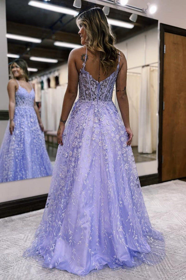 Luolandi A Line Spaghetti Straps Lilac Corset Prom Dress with Appliques Beautiful